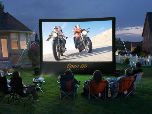 Neighbours watching 16’ x 9’ Inflatable Screen. Backyard