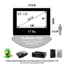 Load image into Gallery viewer, 16’ x 9’ Inflatable Screen - Sizing Diagram. Projector, speakers, air blower, media console
